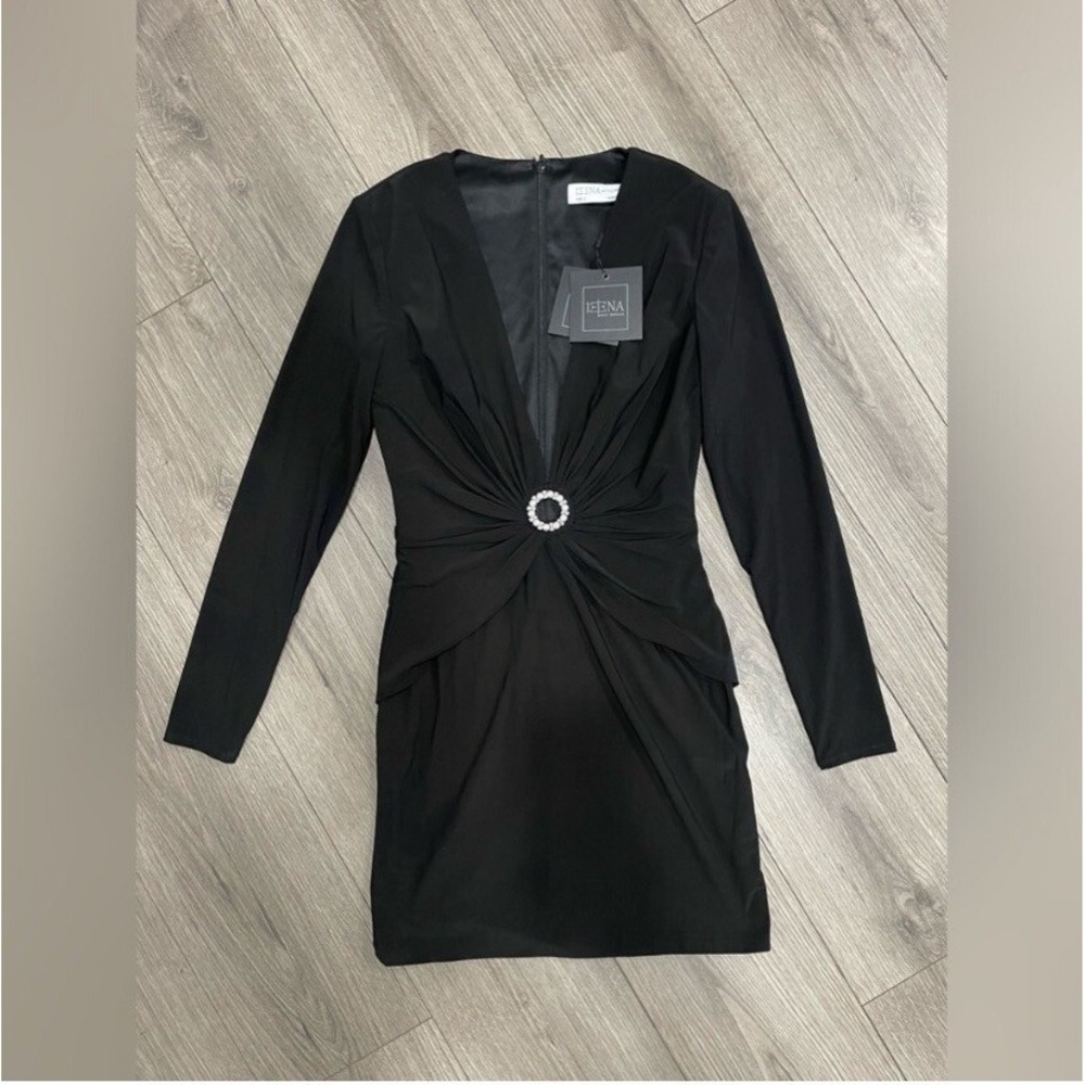 Mac Duggal PLUNGING EMBELLISHED RING LONG SLEEVE BLACK MINI DRESS NWT SZ 2